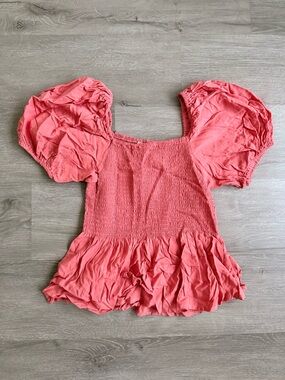 Dizzy Coral Pink Puff Sleeve Smocked Peplum Top